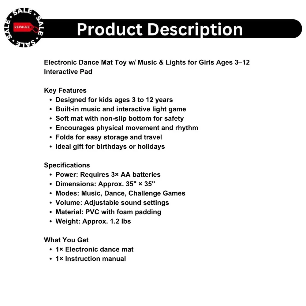 Electronic Dance Mat Toy w/ Music &‎ Lights for Girls Ages 3–12 Interactive Pad